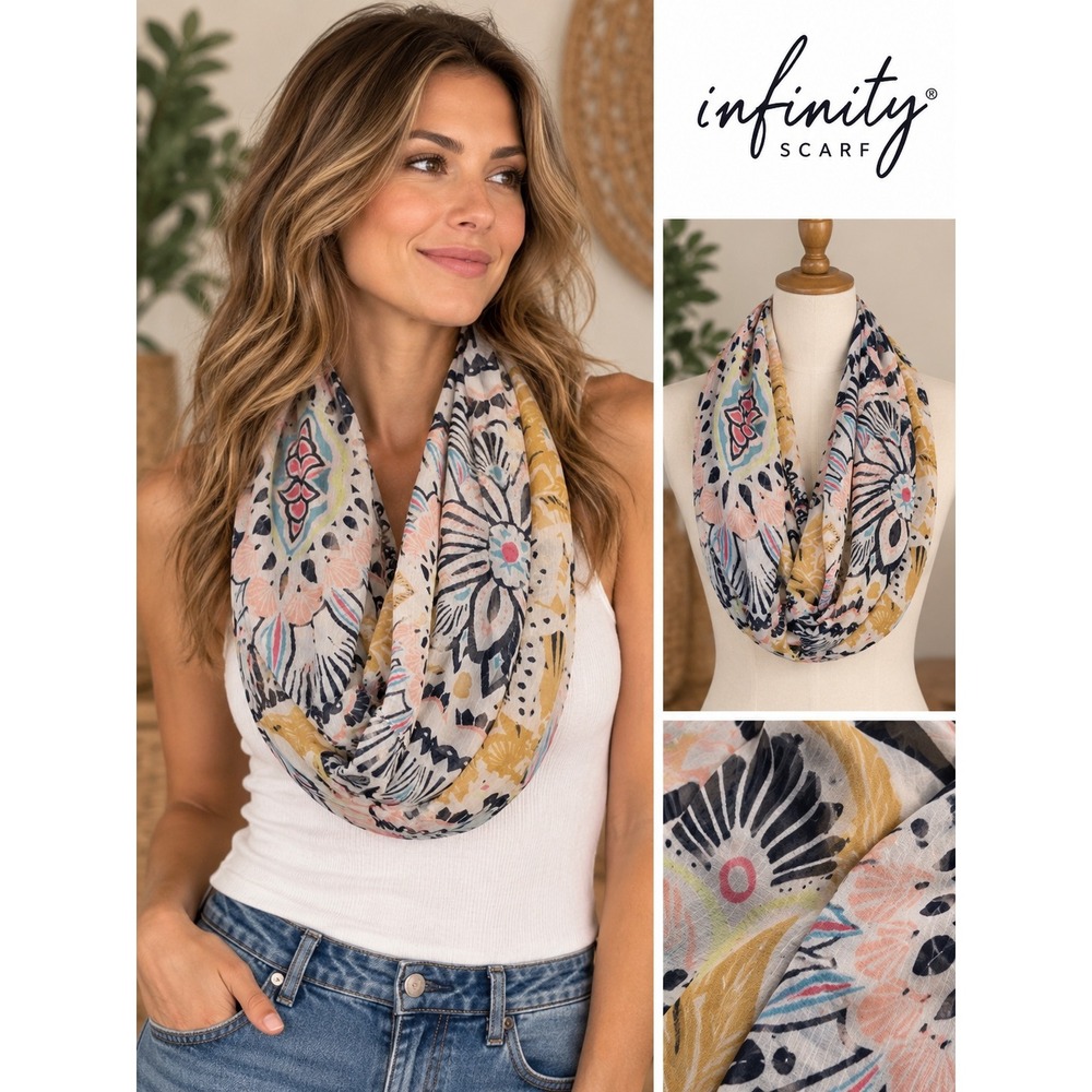 Bohemian Floral Infinity Scarf Sheer Lightweight Paisley Loop Mustard Pink Navy